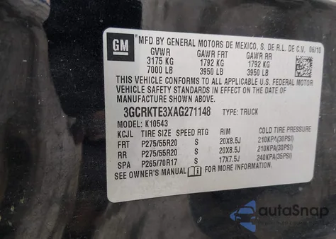 2010 Chevrolet Silverado 1500 Ltz из США, поврежденный, VIN 3GCRKTE3XAG271148